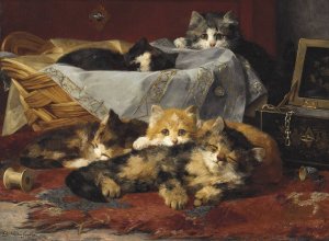 Kittens In A Basket by Charles Van Den Eycken Oil Painting