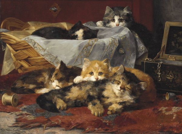 Kittens In A Basket  by Charles Van Den Eycken - Hand-Painted Oil Painting Reproduction