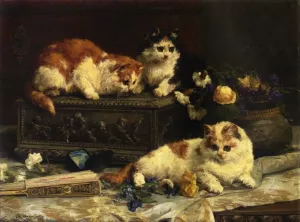 The Three Kittens painting by Charles Van Den Eycken