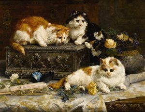 Three Watchful Kittens by Charles Van Den Eycken Oil Painting