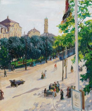A view of the southern Stachus Rondell, the Sonnenstrase and the old St Matthew's Church by Charles Vetter Oil Painting