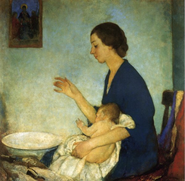 Main Product Photo of The Bath - Portrait of Emelyn Nickerson with Baby Painting by Charles W. Hawthorne