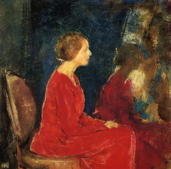 red dress oil painting Girl in red dress painting Corvallis Consignment