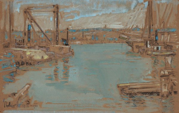 Main Product Photo of North River Dock, New York  Painting by Childe Hassam