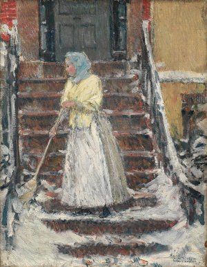 Sweeping Snow by Childe Hassam Oil Painting
