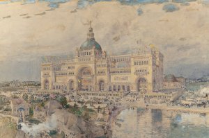 The MacKaye Spectatorium with Iowa Pavillion in Foreground, Columbian Exposition by Childe Hassam Oil Painting