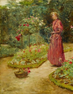 Woman Cutting Roses in a Garden by Childe Hassam Oil Painting