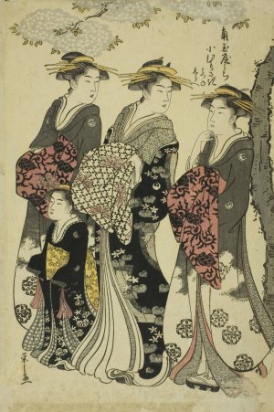 Komurasaki of the Kadotamaya with Attendants Hatsune and Shirabe by Chobunsai Eishi Oil Painting