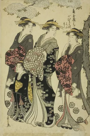 Komurasaki of the Kadotamaya with Attendants Hatsune and Shirabe by Chobunsai Eishi Oil Painting