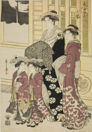 Komurasaki of the Kadotamaya with Attendants Hatsune and Utano by Chobunsai Eishi Oil Painting