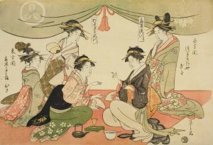 Naniwaya Okita and Takashima Ohisa playing a game of ken by Chobunsai Eishi Oil Painting