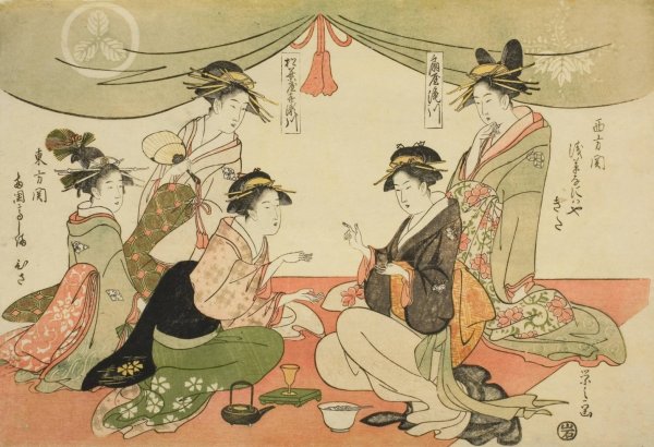 Naniwaya Okita and Takashima Ohisa playing a game of ken  by Chobunsai Eishi - Hand-Painted Oil Painting Reproduction