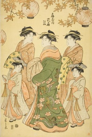 The Courtesan Hanaogi of the Ogiya, with Child Attendants Yoshino and Tatsuta by Chobunsai Eishi Oil Painting