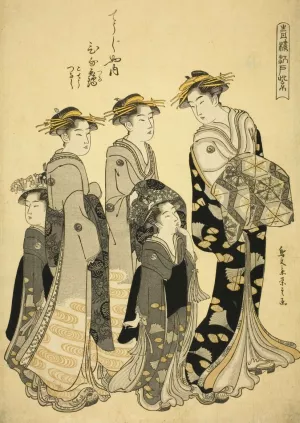 The Courtesan Hinazuru of the Chojiya with her Attendants, from the series 'Edo Purple in the Pleasure Quarters' by Chobunsai Eishi Oil Painting