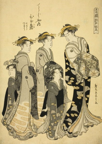 The Courtesan Hinazuru of the Chojiya with her Attendants, from the series 'Edo Purple in the Pleasure Quarters'  by Chobunsai Eishi - Hand-Painted Oil Painting Reproduction