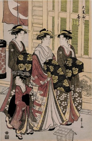 The Courtesan Kisagata of Ohishiya Strolling at Night with Two Shinzo and a Kamuro by Chobunsai Eishi Oil Painting