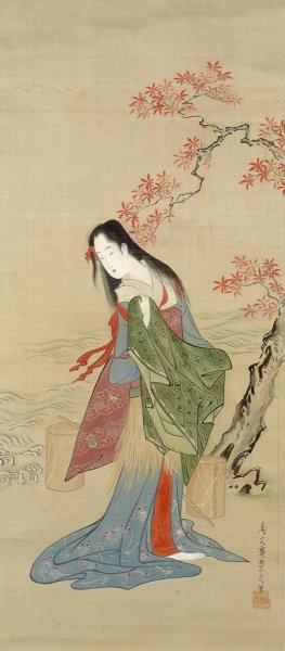 The Salt Maidens, Matsukaze with Yukihira's Coat Oil painting by Chobunsai Eishi