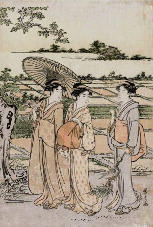 Three Women Strolling in the Countryside by Chobunsai Eishi Oil Painting