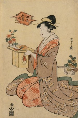 Woman Holding a Wooden Cup Stand Decorated with Chrysanthemums by Chobunsai Eishi Oil Painting