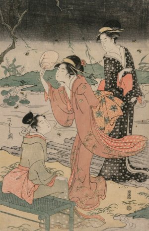 Women Beside a Stream Chasing Fireflies by Chobunsai Eishi Oil Painting