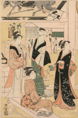Women Visiting a Tea Stall on the Precincts of a Temple by Chobunsai Eishi Oil Painting