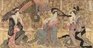 A parody of courtesans on display at the Ogiya Oil painting by Chokosai Eisho