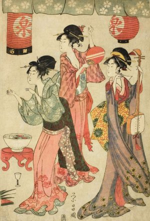 Festivity at a teahouse, from a parody of Chushingura by Chokosai Eisho Oil Painting
