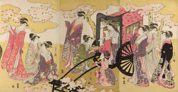 Noble woman in a carriage viewing cherry blossoms  by Chokosai Eisho - Hand-Painted Oil Painting Reproduction