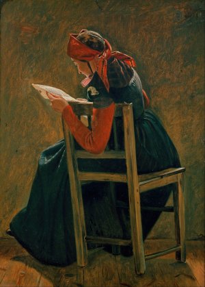 A Young Girl frem Salling Reading. Study by Christen Dalsgaard Oil Painting