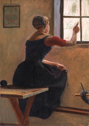 A Young Girl in Jutland Writing her Beloved's Name on a Misty Window by Christen Dalsgaard Oil Painting