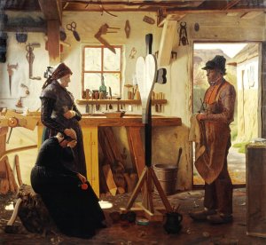 To kvinder besoger landsbykunstneren for at se det bestilte gravkors by Christen Dalsgaard Oil Painting