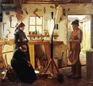 To kvinder besoger landsbykunstneren for at se det bestilte gravkors Oil painting by Christen Dalsgaard
