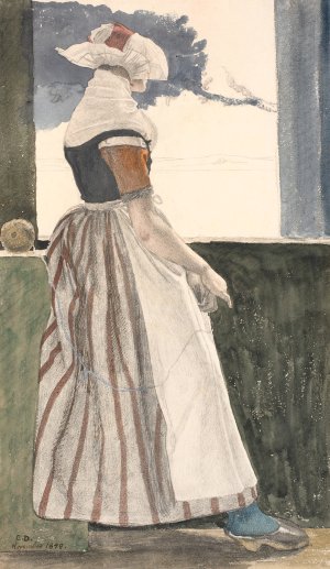 Ung strikkende pige i Sallingdragt, ser ud af et vindue by Christen Dalsgaard Oil Painting