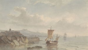Kustlandschap met haven en schepen op het water by Christiaan Lodewijk Willem Dreibholtz Oil Painting