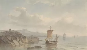 Kustlandschap met haven en schepen op het water by Christiaan Lodewijk Willem Dreibholtz Oil Painting