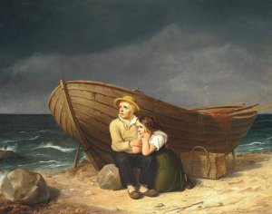 Born, der soger ly ved en bad pa stranden by Christian Andreas Schleisner Oil Painting