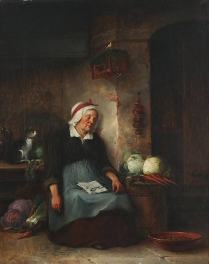 Interior med en sovende kone by Christian Andreas Schleisner Oil Painting