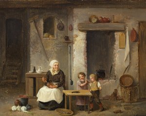 Kokkeninterior med to born, der betragter en hummer by Christian Andreas Schleisner Oil Painting