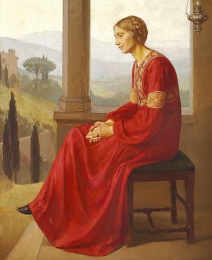 Kvinde i rod kjole siddende pa en terrasse i et italiensk landskab by Christian Bang Oil Painting
