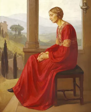 Kvinde i rod kjole siddende pa en terrasse i et italiensk landskab Oil painting by Christian Bang