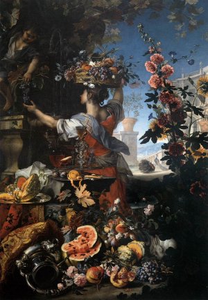 Flowers, Fruit with a Woman Picking Grapes Oil painting by Christian Berentz