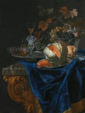 Still Life With A Melon And A Peach On A Silver Platter by Christian Berentz Oil Painting