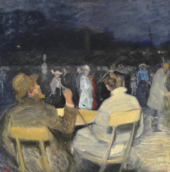 Main Product Photo of Aftenstemning i en park i Paris. I forgrunden sidder et par og betragter menneskemylderet foran sig Painting by Christian Clausen