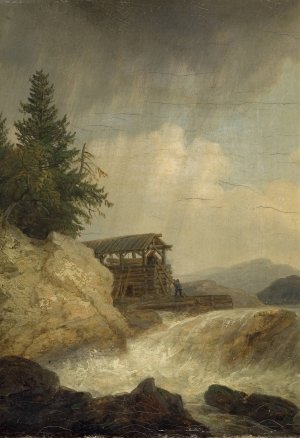 Nordic Landscape with a Waterfall by Christian Ezdorf Oil Painting