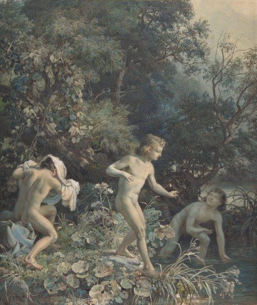 Main Product Photo of Riverside with Three Bathing Boys  Painting by Christian Friedrich Gille
