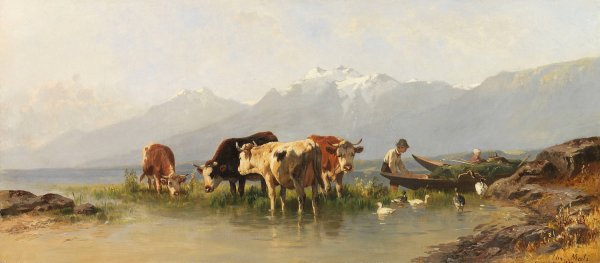 Main Product Photo of Bauer und Bauerin mit Gansen und Kuhen am Achensee  Painting by Christian Friedrich Mali