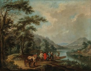 A Rhine landscape with a ferry, near Bonn with the Rolandsbogen, Drachenfels and the island of Nonnenwerth beyond by Christian Georg Schutz The Elder Oil Painting