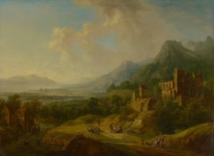 River Valley with Church Ruin and Staffage Figures by Christian Georg Schutz The Elder Oil Painting
