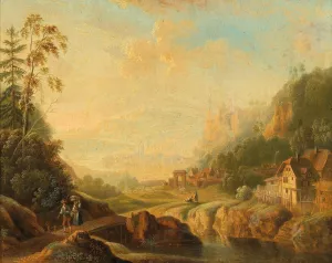 An extensive river landscape with wanderers by Christian Georg Schutz The Younger Oil Painting
