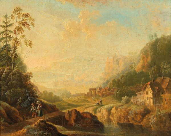 An extensive river landscape with wanderers by Christian Georg Schutz The Younger - Hand-Painted Oil Painting Reproduction